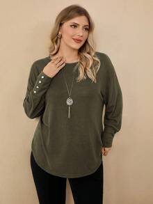 Rosumi Plus Size Women's Solid Color Army Green Round Neck Drop Shoulder Long Sleeve Button Design Casual Casual Loose T-Shirt, Autumn/Winter,Going Out,2025 New,Simple And Fashionable For Everyday Wear, Plus Size Winter,Christmas For Women, New Year,Thanksgiving For Women, Crew Neck Tops, Long Sleeve Tops, Plus Size Long Sleeve Tops - Army Green - View 4