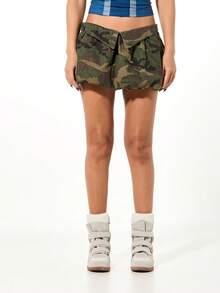 SUMWON WOMEN 军装迷彩牛仔迷你裙，系带设计，休闲街头风，秋季时尚 - 軍綠色 - 查看 6