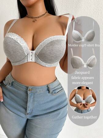 DesireSculpt Plus Size Women Lace Patchwork Front Closure Underwire Bra