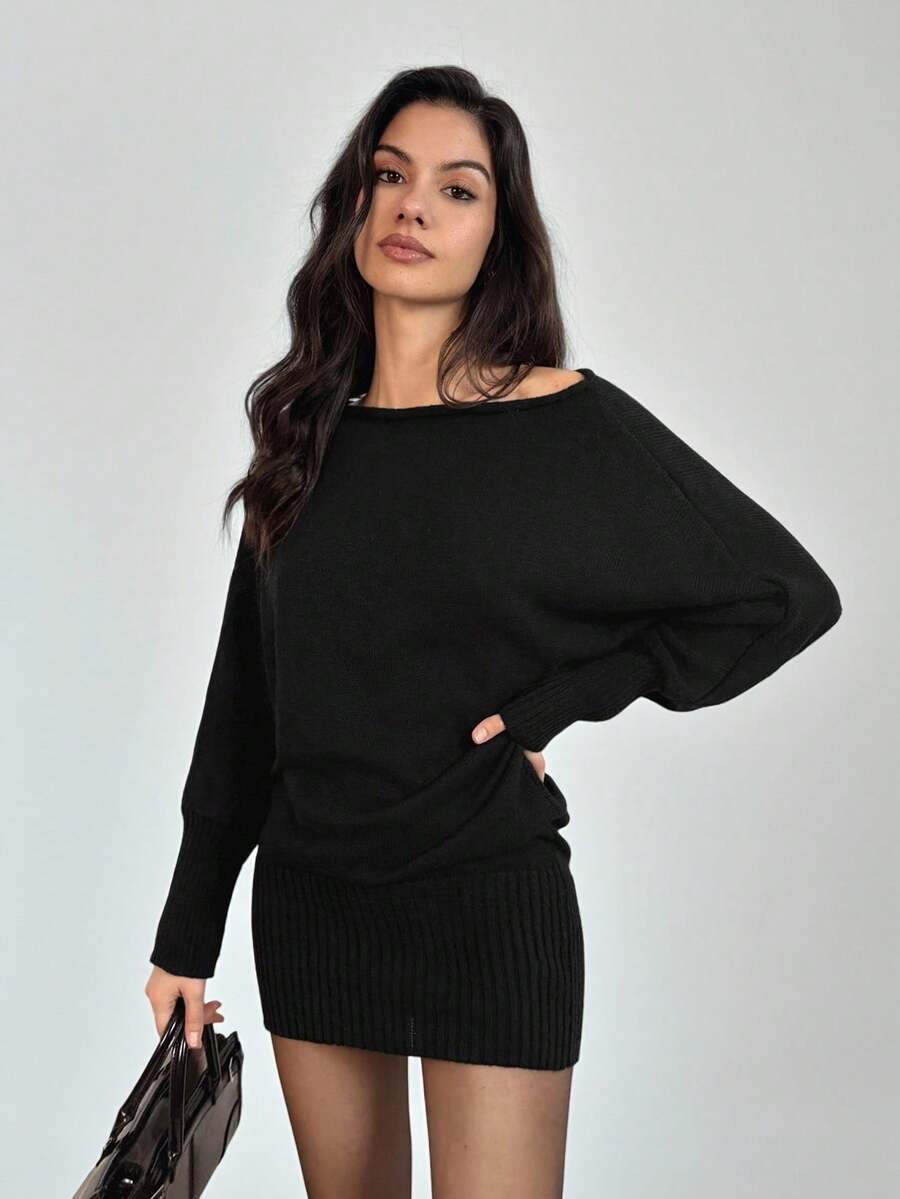 SHEIN Tall Vestido de suéter ajustado de manga larga negra con hombro asimétrico y cintura entallada, de estilo Y2K versátil, para uso casual/diario, con estética vintage estadounidense para otoño/invierno - Negro - Ver 1