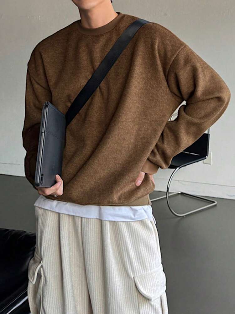 Men's Brown Round Neck Thermal Lined Wool Blend Pullover Sweatshirt, Autumn/Winter