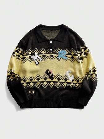 Men's Retro Street Style Polo Collar Embroidered Wavy Pattern Knit Sweater