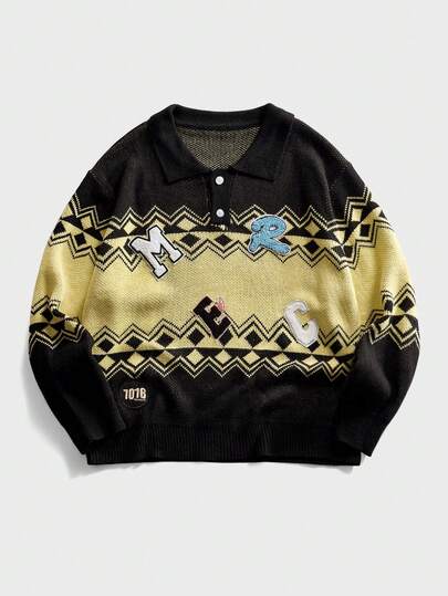 كنزة صوفية بياقة بولو مطرزة بنمط موجي مصنوعة من الأقمشة المحبوكة بطراز الشارع الرجعي