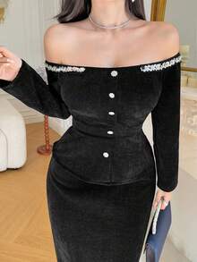 DAZY 1 Set Women's Off-Shoulder Top & Unique Embellished Skirt, French Elegant Style - Black - View 7
