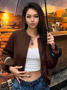 EMERY ROSE 纯色前拉链圆领长袖短款休闲外套 - 咖啡棕 - 查看 3