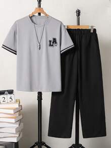 Vacaura 青少年男孩两件套服装，灰色短袖 T 恤搭配休闲长裤，春夏套装 - 灰色 - 查看 8
