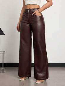 Flexra Women's High Waist Fashionable Leather Wide Leg Pants
