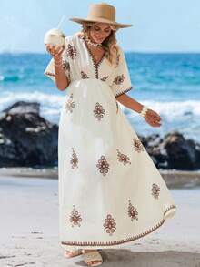 Sylviya Women's White And Brown Boho Summer Vacation Maxi Dress,Floral Print Cross V-Neck Sleeveless Flowy Sun Dresses,Holiday Beach Outfits,Country Concert - Multicolor - View 4