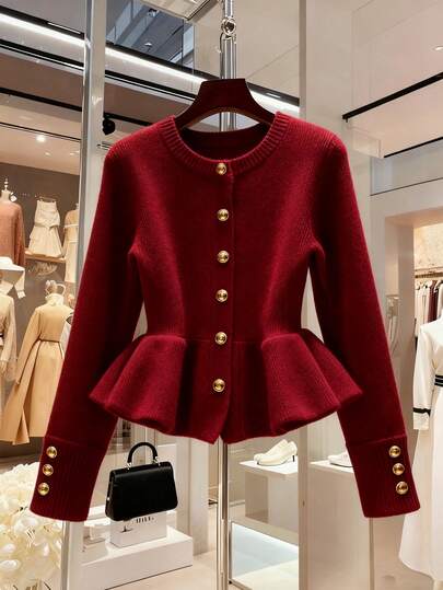 Franclia Plus Size Solid Color Round Neck Long Sleeve Ruffle Front Button Knit Elegant Cardigan