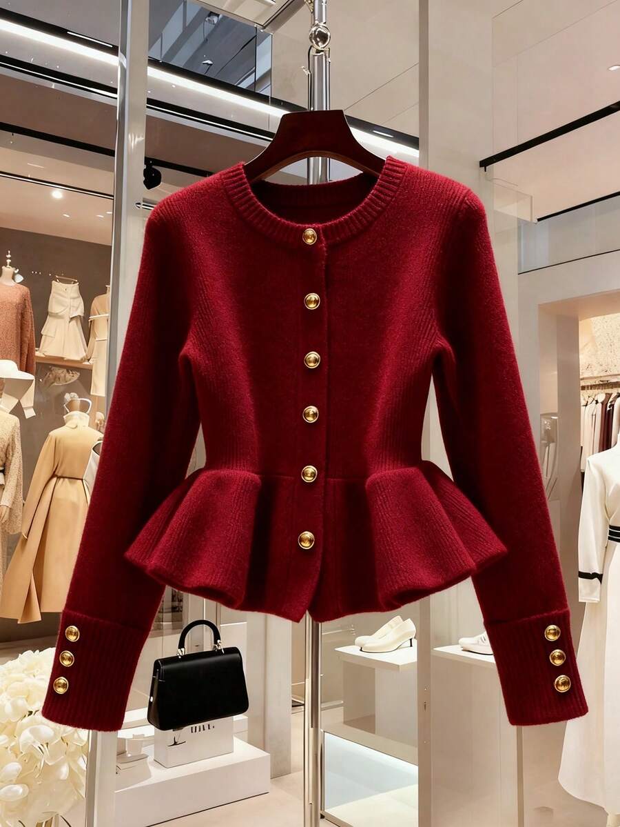 Franclia 大码纯色圆领长袖荷叶边前开襟针织优雅开衫 - 紅色 - 查看 1