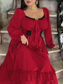 Flirla Vestido elegante con volantes en el bajo, estilo vintage de princesa medieval, adecuado para otoño, invierno y primavera, tallas grandes - Burdeos - Ver 3