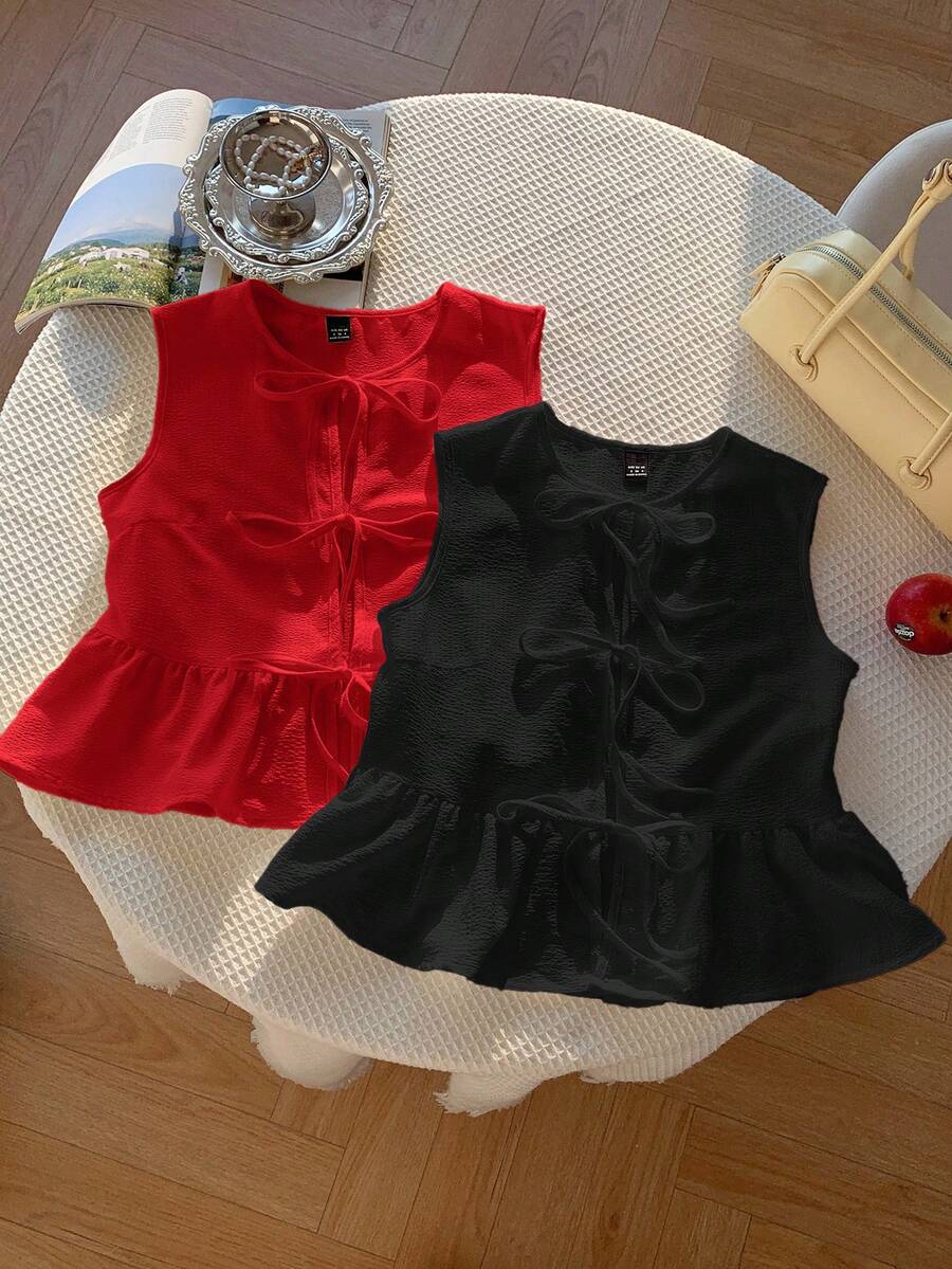 Comfortcana 2pcs Women's Summer Vacation Shirts, Red + White Blouses Peplum Tops Peplum Top Women Red Peplum Top Black Peplum Top Peplum Blouse - Black - View 1