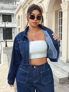 SHEIN ICON Plus Size Women's Fashionable Casual Washed Jacket - Dark Wash - View 5