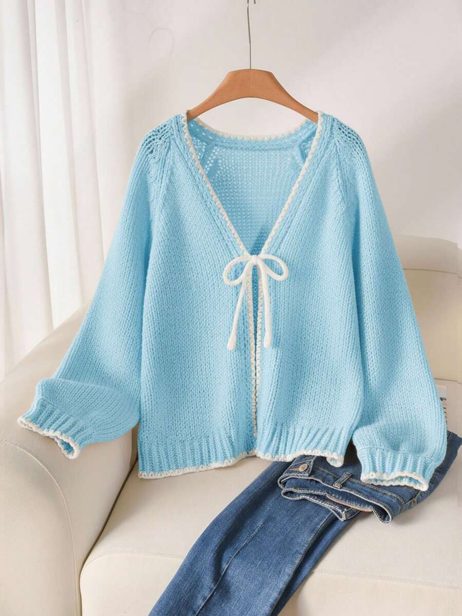 CosyJoli Sweater Kasual Ukuran Besar dengan Pita Ikat dan Trim Kontras, Kardigan/Musim Dingin - Biru - View 1