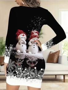 EMERY ROSE Sukienka damska w standardowym rozmiarze, drukowana w 3D, z uroczym nadrukiem bałwana, świąteczna, swobodna, z okrągłym dekoltem i długim rękawem, krótka