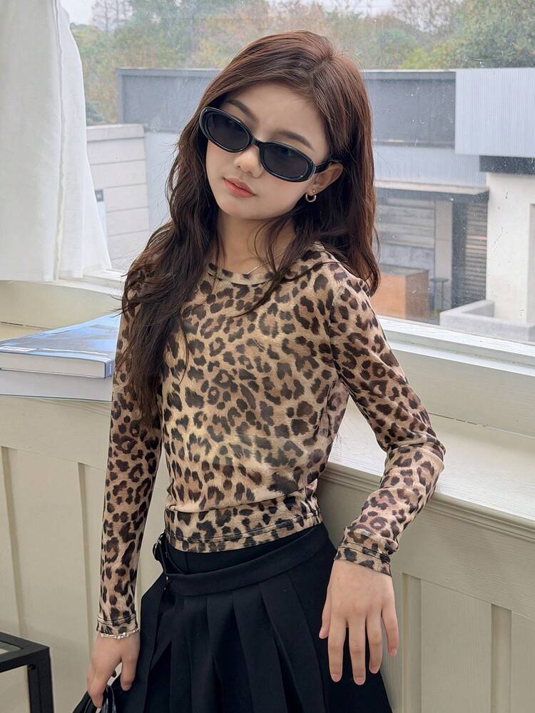 Casual Leopard Print Slim Fit Crew Neck Long Sleeve Tween Girls T-Shirts