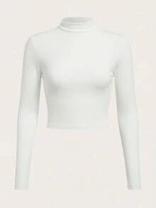 Camiseta corta delgada unicolor de cuello alto manga larga perfecta para cualquier ocasión invierno otoño primavera verano - Blanco - Ver 1