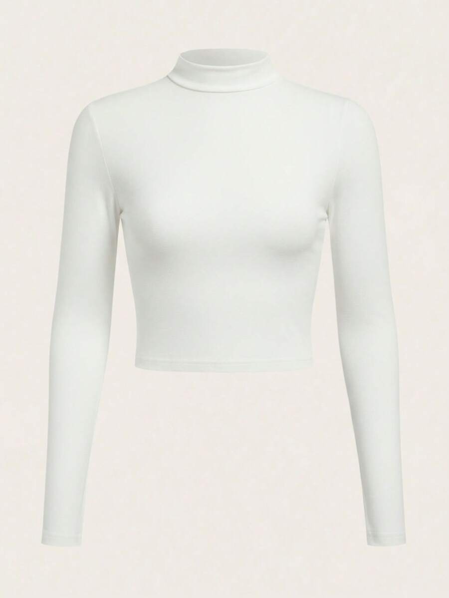 Camiseta corta delgada unicolor de cuello alto manga larga perfecta para cualquier ocasión invierno otoño primavera verano - Blanco - Ver 1