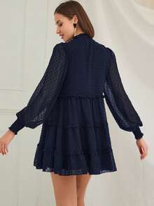 Enchnt Women's Fashion Tie Collar Round Dot Ruffle Hem Short Dress,Fall,Fall Clothes For Women,Women's Winter Clothes