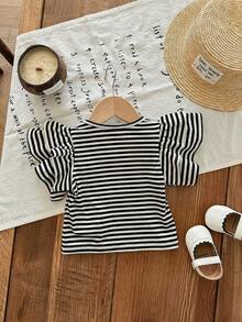 SHEIN 1 Piece Baby Girl Cute Versatile Casual Striped Tight Sleeveless With Ruffled Sleeves Contrast Color Sleeveless T-Shirt, Comfortable Casual Versatile Fashion Everyday, Suitable For Birthday Parties, Evening Parties, Performances, Weddings, Baptisms, Opening Ceremonies Indoors, Outdoors, Daily Life, Sports, Play, Parties, Photo Shoots, Vacations, Festivals Suitable For Spring, Summer And Autumn Toddler Ruffle Sleeved Tops Toddler Striped Shirt Toddler Summer Tops - Black - View 2
