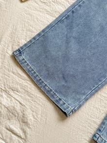 SHEIN Vintaside Kids 少女V领长袖时尚短款上衣搭配百搭刺绣牛仔裤套装，春秋季 - 紫色 - 查看 8