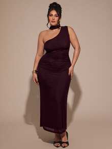 SHEIN BAE Plus Size Women Dark Purple Solid Color Sleeveless Ruched Fitted Fashion Dress,Summer Elegant Formal Gown For Wedding Guest,Birthday,Valentine's Day - Brown - View 4