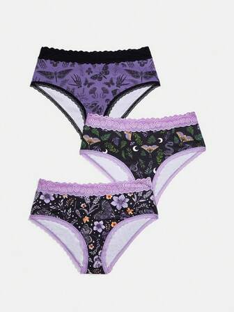 Fairycore Set de 3 piezas de ropa interior de encaje para mujer de talla grande con estampado todo sobre de calavera, mariposa, polilla, seta y floral