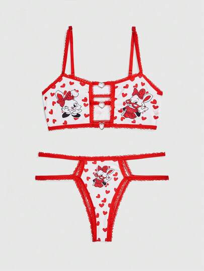 Kawaii Valentine's Day Women's Sweet & Innocent Heart Rabbit Heart Metal Buckle Cute Lingerie Set