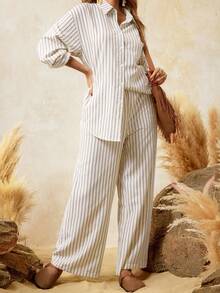 SHEIN BOHO 2pcs Maternity Set: Striped Drop Shoulder Long Sleeve Shirt And Adjustable Waist Wide Leg Pants, Casual