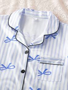 2pcs Women & Teen GirlElegant Plaid Satin Fabric Cardigan & Pants Casual Comfortable Pajama Set Bow Print Pajamas Teen Girls Pajamas-Pajama Set Notch Collar Long Sleeve Top With Bow Print Striped Lounge Pants Light Blue Piped Trim Home Wear All Season 2026 New Year Essential - Blue - View 8