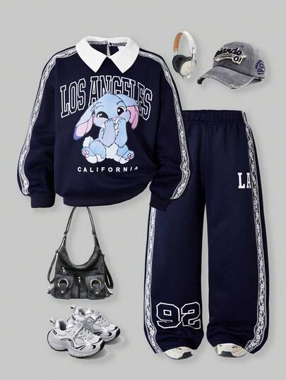 SHEIN Conjunto de 2 piezas para niñas Casuvi: Camiseta de manga larga con cuello de camisa, decoración con encaje; Emparejada con pantalones de pierna ancha de punto, decoración con encaje y estampado gráfico, estilo universitario, grosor regular, adecuado para uso casual, vuelta al colegio, deportes, vacaciones en primavera/otoño