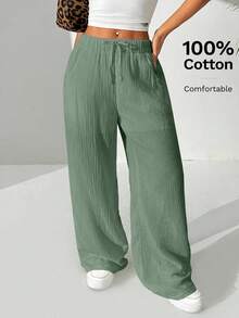 EURMUSE Quần ống rộng đơn sắc, rộng rãi, thường ngày bằng cotton, thắt eo cho nữ - Màu xanh Bạc hà - Xem 7