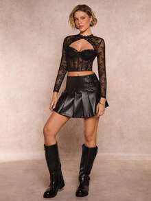 Allurite 女士镂空设计长袖蕾丝性感透视露脐上衣 - 黑色 - 查看 8