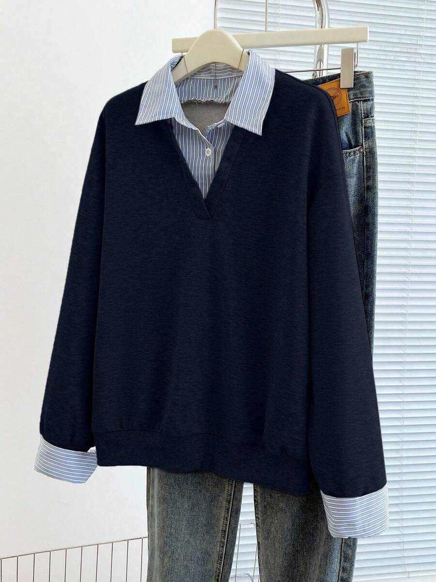 SHEIN Casual Striped Patchwork Sweatshirt, Autumn - Navy Blue - View 1