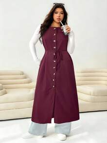 SHEIN EZwear Robe décontractée sans manches à col rond et boutonnage simple en couleur unie pour femmes grandes tailles