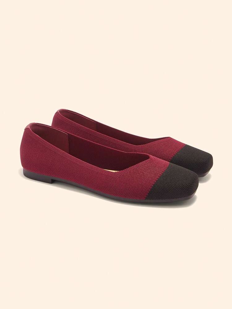CUCCOO BASICS Women's New French Square Toe Versatile Commuting Minimalist Burgundy Contrast Knit Breathable Comfortable Flat Shoes