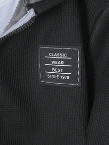 SHEIN 男童秋冬时尚保暖连帽拉链卫衣外套，字母华夫格面料设计，单件装 - 黑色 - 查看 3