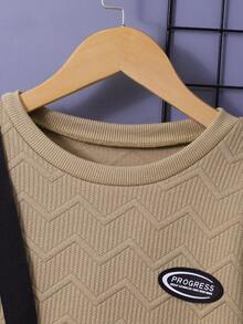 SHEIN 3pcs/Set Tween BoyLetter Textured Sweatshirt, Sweatpants And Backpack Set (Can Be Sold Separately) - Khaki - View 4