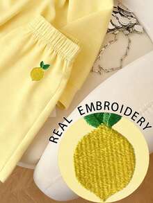 SHEIN 两件套女士柠檬刺绣黄色圆领长袖上衣和裤子套装 - 黃色 - 查看 4
