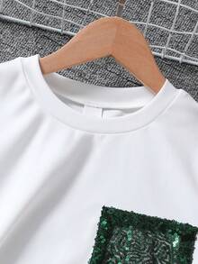 Conjunto de 2 peças para meninas pré-adolescentes: camiseta casual de manga curta com gola redonda e detalhes em miçangas, e saia elegante de tule com lantejoulas, ideal para primavera/verão. - Verde escuro - Ver 3