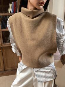 DAZY 女士纯色宽松高领无袖短款优雅复古毛衣背心，秋冬款 - 卡其色 - 查看 7