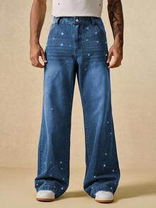 ROMWE MEN Street Life Loose Straight Comfortable Rhinestone Pocket Casual Jeans - Medium Wash - View 6