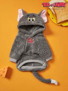 TOM & JERRY X PETSIN 1件汤姆猫刺绣3D耳朵装饰可爱双面毛绒材质保暖舒适连帽狗帽衫汤姆猫cos帽衫