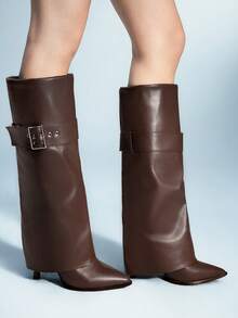 Sugerpunk Women's Buckle Decor Pointed Toe Stiletto Knee-High Boots For Christmas - Coffee Brown - View 3