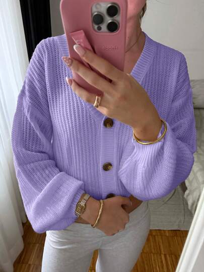 EURMUSE White Lantern Sleeve Button Front Rib Knit Cardigan