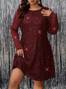 Reflora Đầm thời trang thanh lịch cổ tròn tay dài hở lưng màu trơn cỡ lớn cho nữ - Màu Đỏ Sâu - Xem 8