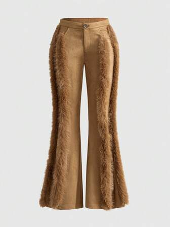 Grunge Punk Pantalones acampanados de pana con parches y falso pelo, de talle bajo y sexy