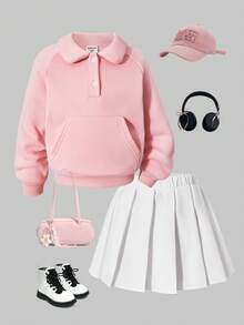 SHEIN ChillGRL 2pcs/Set Girls Elegant School Style Long Sleeve Fleece Sweatshirt With Peter Pan Collar And Pleated Skirt, Autumn/Winter - Multicolor - View 4
