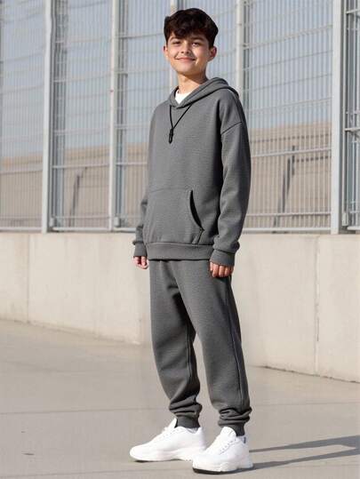 Vacaura 2pcs/Set Teenage Boys' Solid Black Thick Hooded Dropped Shoulder Sweatshirt And Casual Sports Jogger Pants Set Chic Outfits For Autumn/Winter Fall