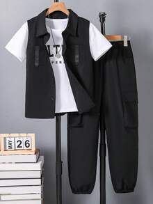 Vacaura 3 件套男童休闲套装：翻领背心、短袖 T 恤和口袋工装运动裤，春夏 - 黑色 - 查看 6